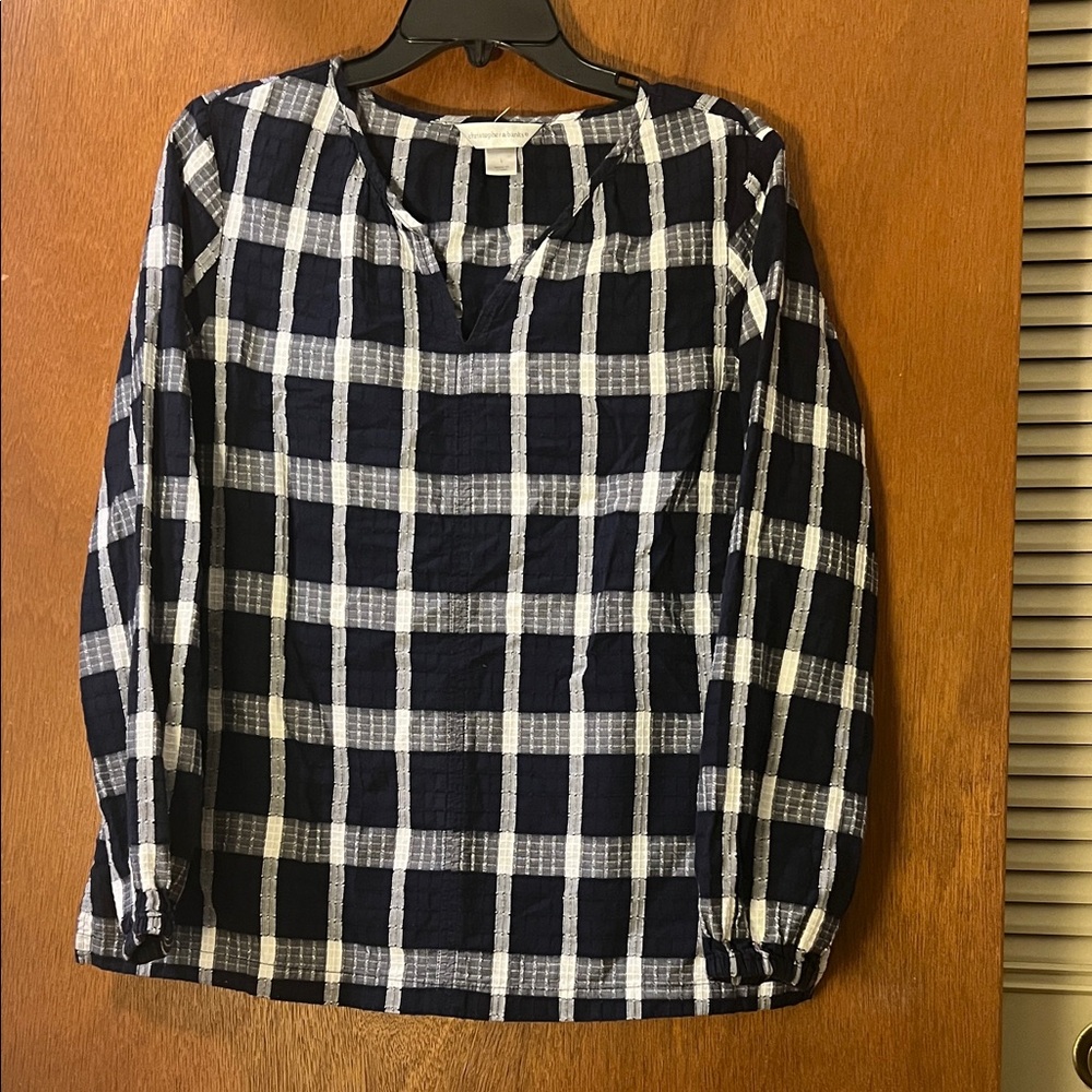 Christopher & Banks Navy and White Plaid Long-Sleeve Blouse